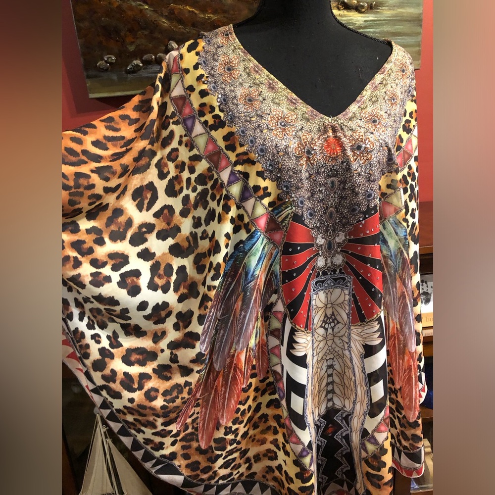 Vibrant Mixed-Print Kaftan with Feather & Leopard Motifs - Multicolor